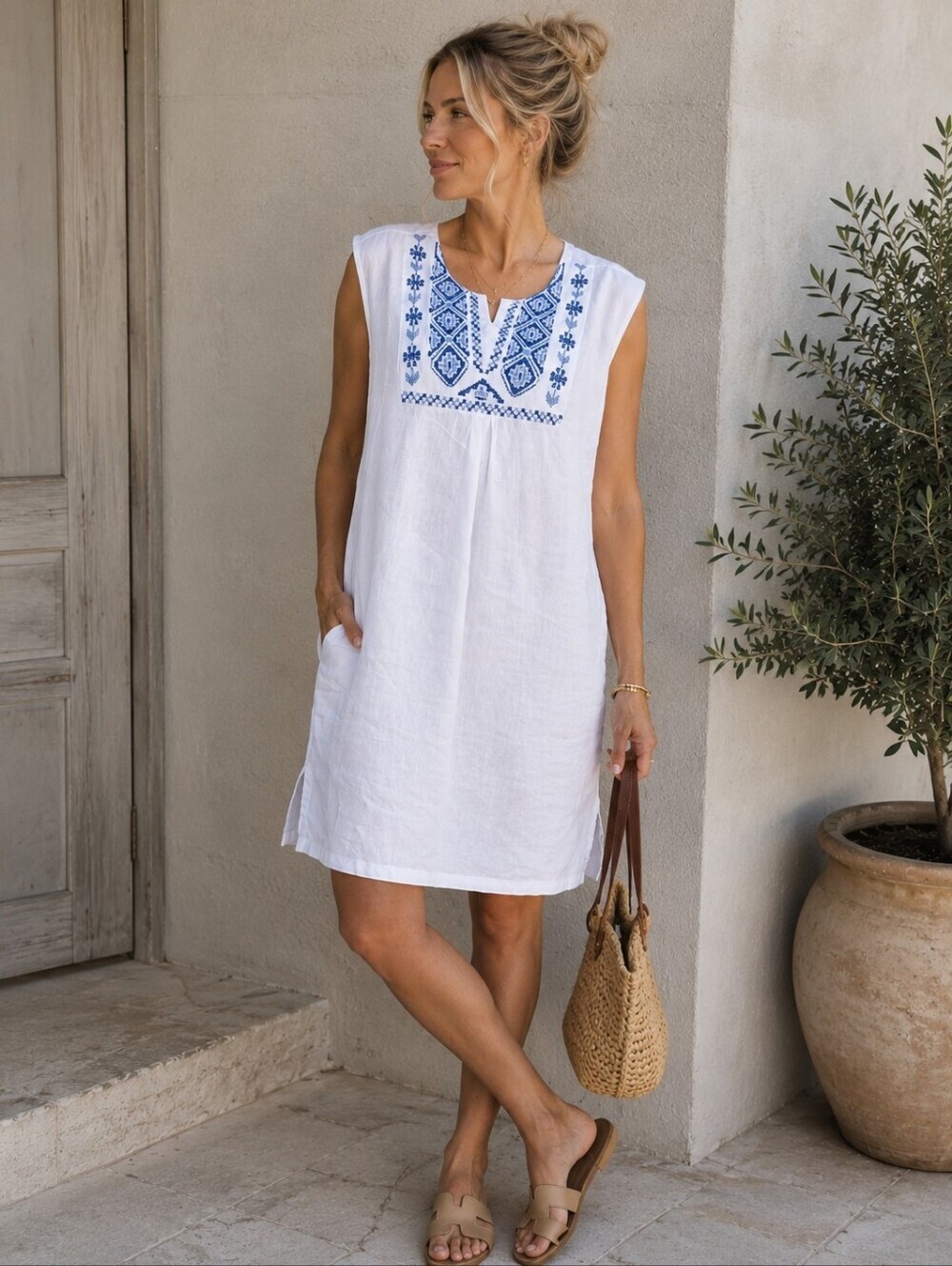 Malvin Linen White Blue Embroidered Linen Ramie Shift Tunic Dress S